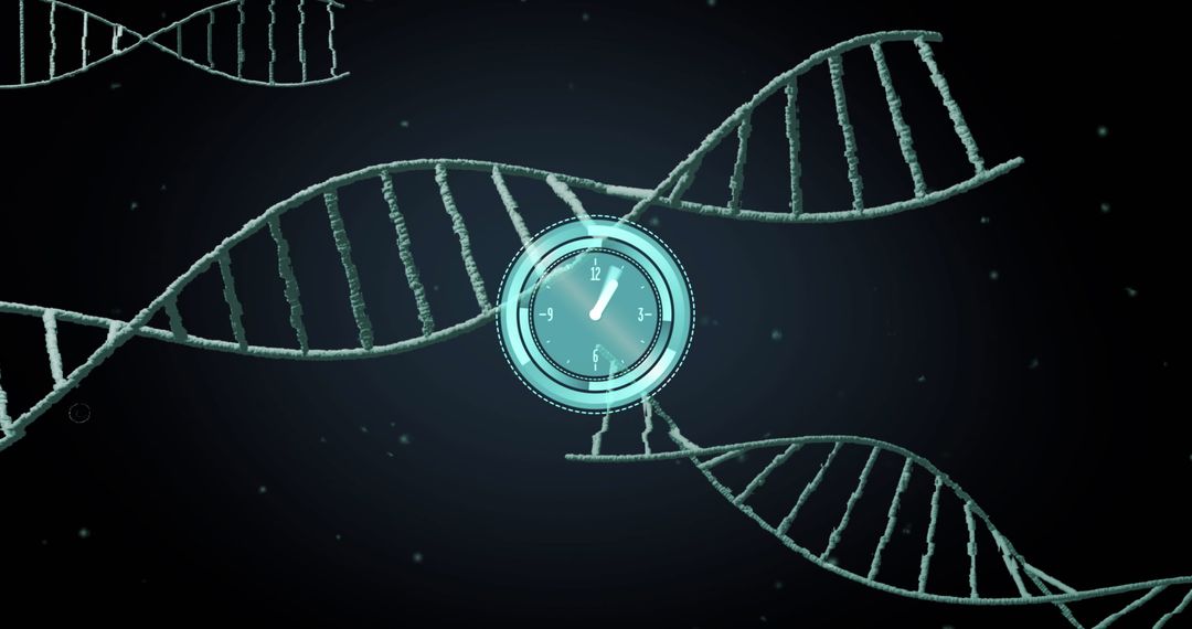 Digital Clock Overlay on DNA Strands Against Black Background