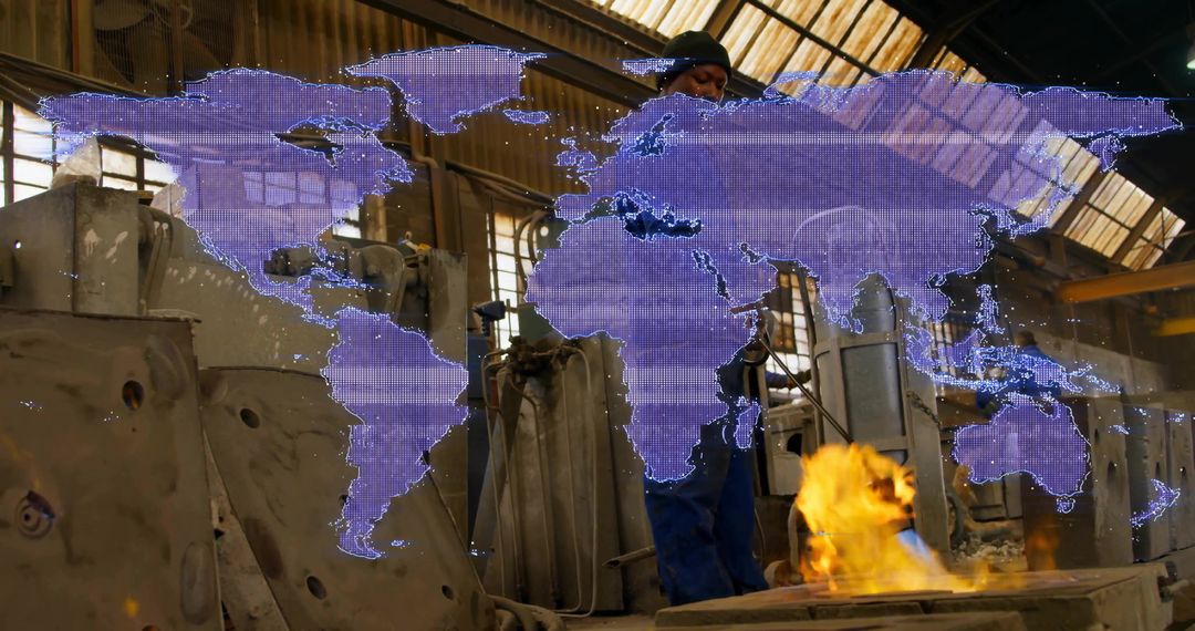 Worker Adjusting Foundry Furnace with Global Map Overlay