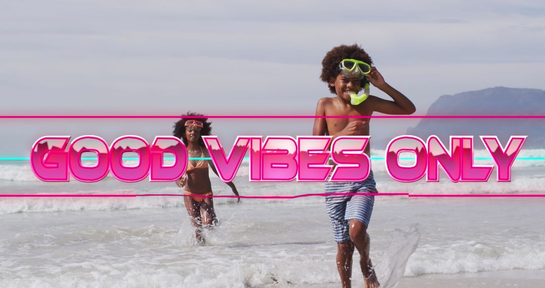 Retro Beach Fun with Snorkeling Children and Good Vibes Message