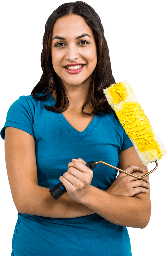 Transparent Young Woman Smiling with Paint Roller in Hand