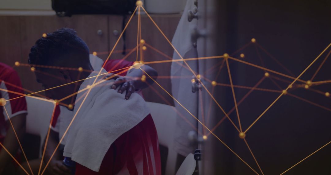 Athletes Showing Support in Locker Room with Digital Network Overlay