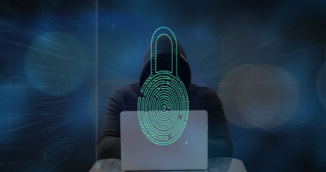 Hacker Symbolism with Fingerprint Overlay Depicting Cybersecurity