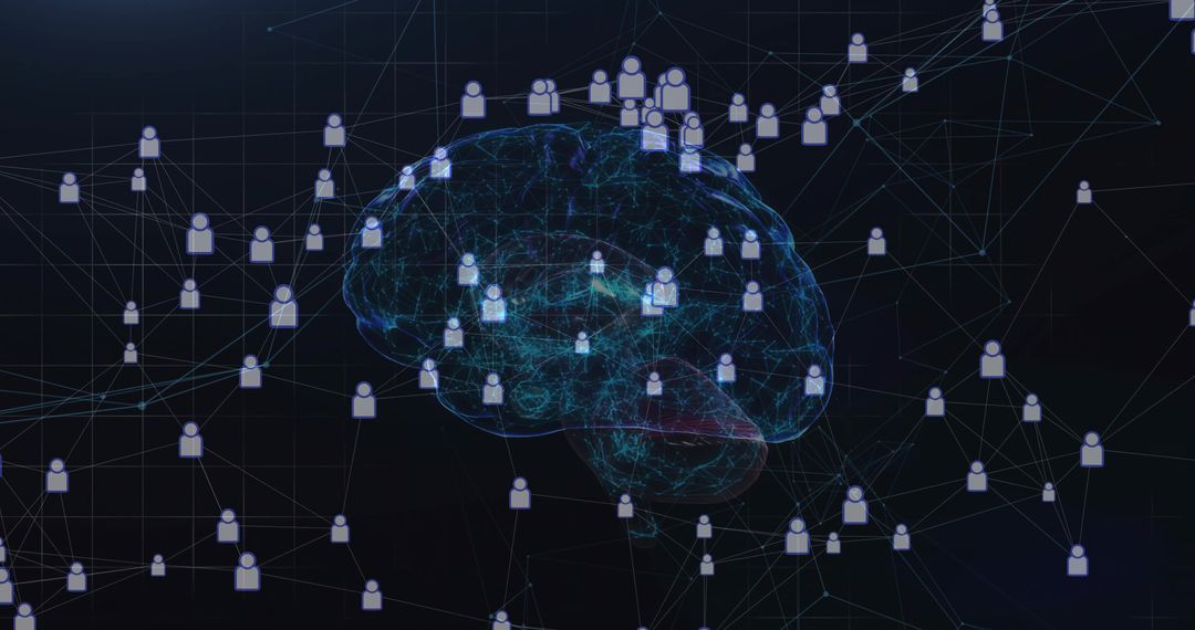 Glowing neon brain visualizing AI neural network connectivity, user node icons, data mesh