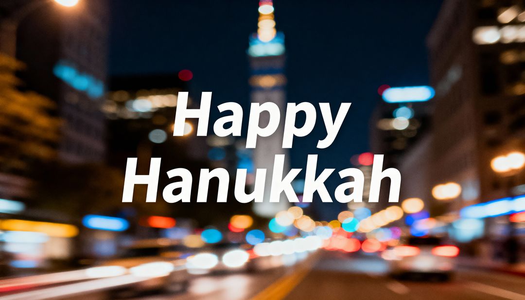 Happy Hanukkah Urban Night Greeting Overlaying Blurred Downtown Light Trails