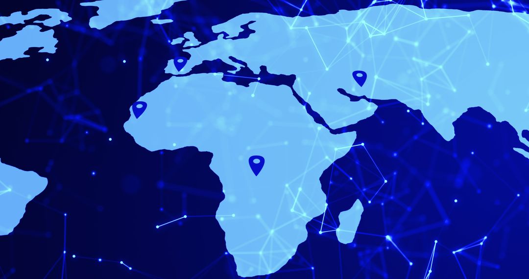 World Map with Digital Connections and Location Pins