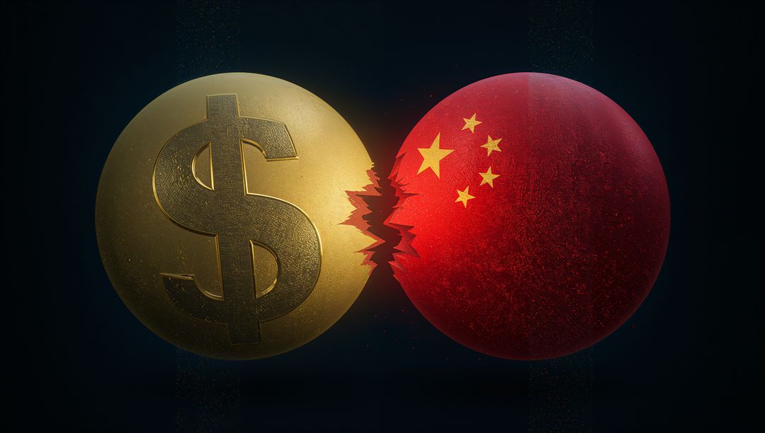 Gold Dollar Sphere Colliding with Red China Flag Sphere Breaking into Shards and Dust