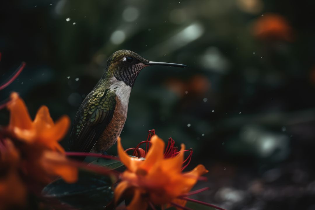 Hummingbird hovering by orange flower, copy space, created using generative ai technology - Free Images, Stock Photos and Pictures on Pikwizard.com