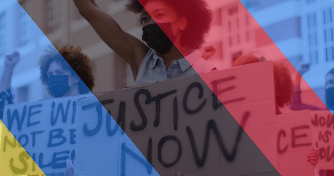 Protesters in Masks Demanding Justice with Overlay of Ukrainian and Russian Flags