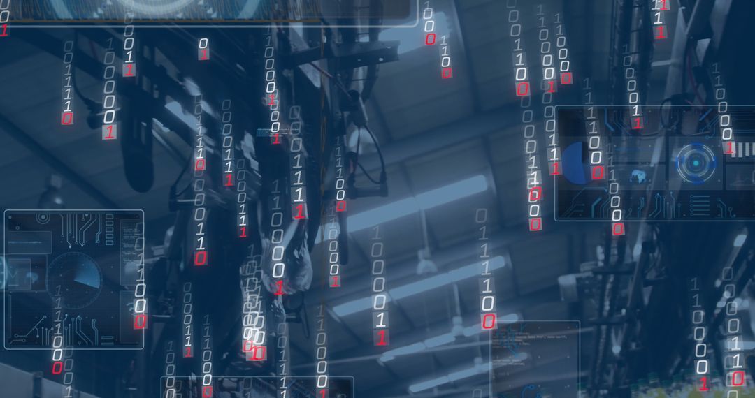 Futuristic Factory with Binary Code and HUD Overlays