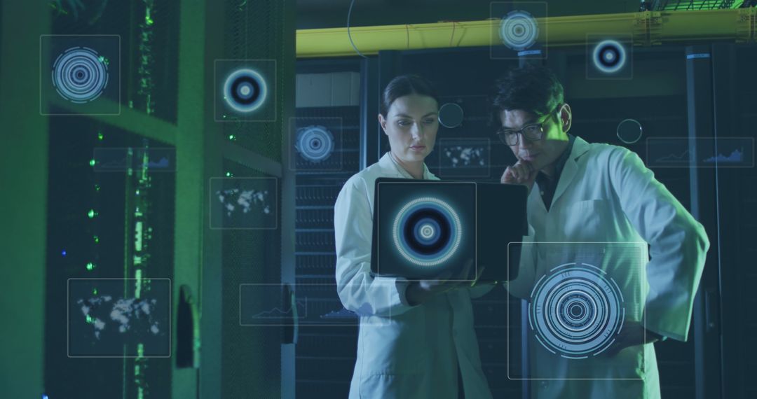 Diverse IT Engineers Analyzing Data on Laptop in Server Room