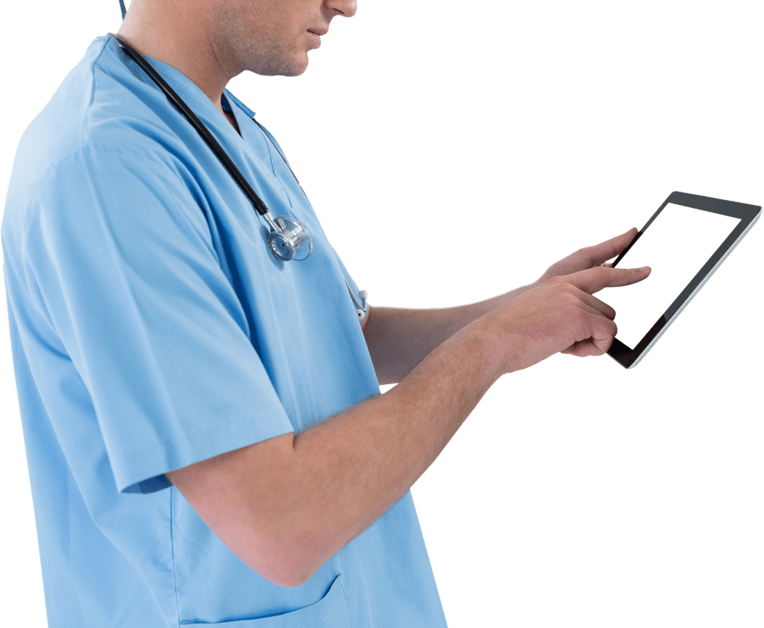 Doctor in Scrubs Using Transparent Futuristic Tablet Interface