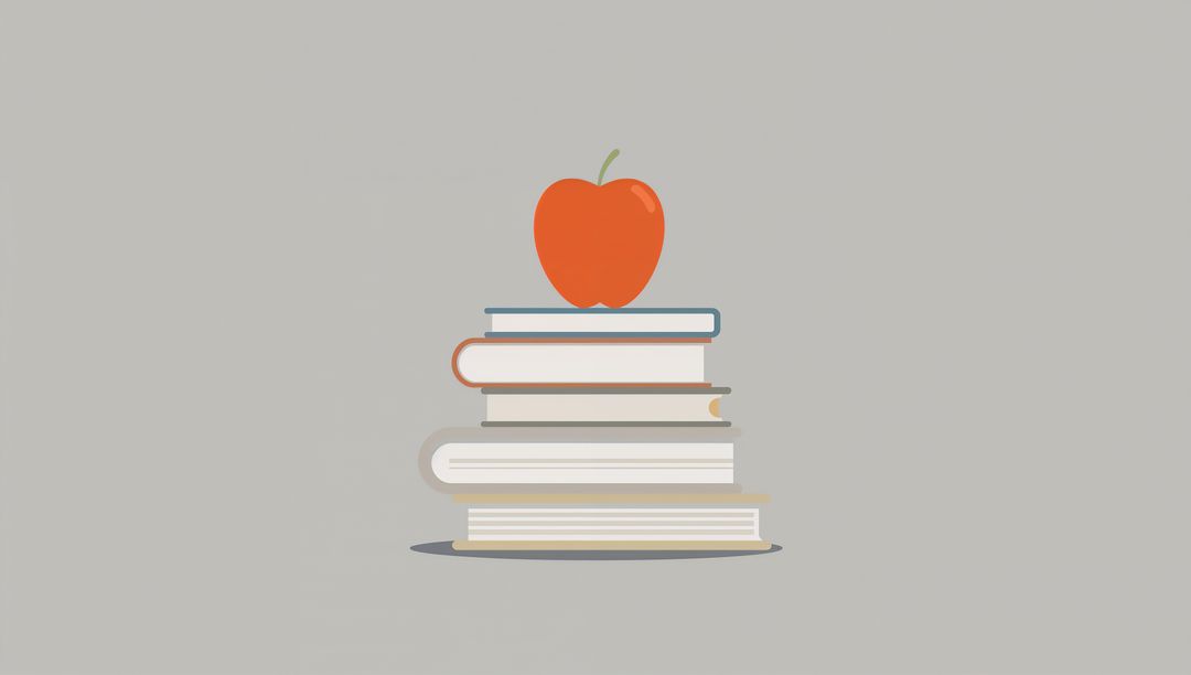 Minimalist Book Stack with Red Apple, Vector Art