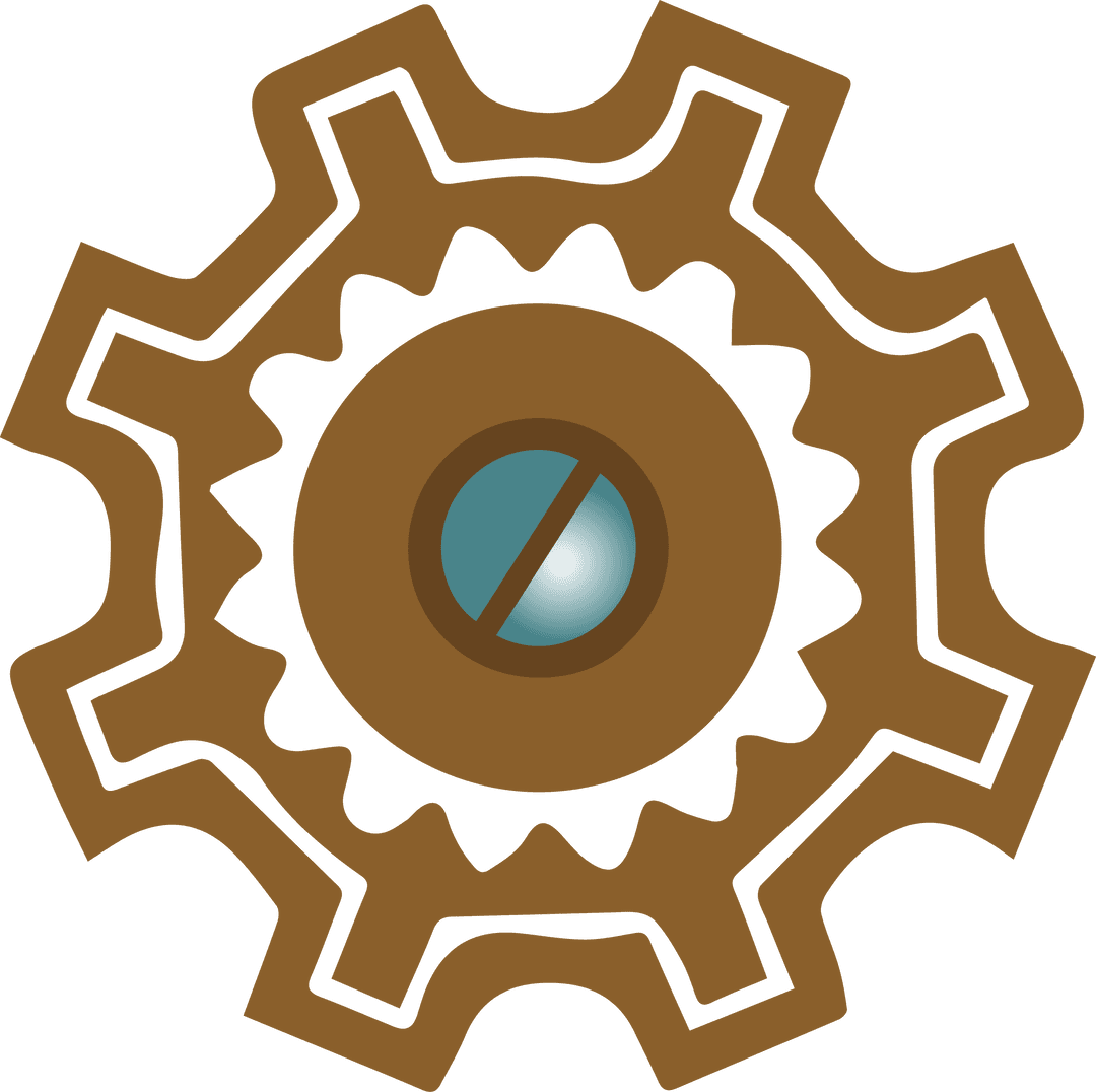 Interlocking Brown Cogs with Blue Screw on Transparent Background