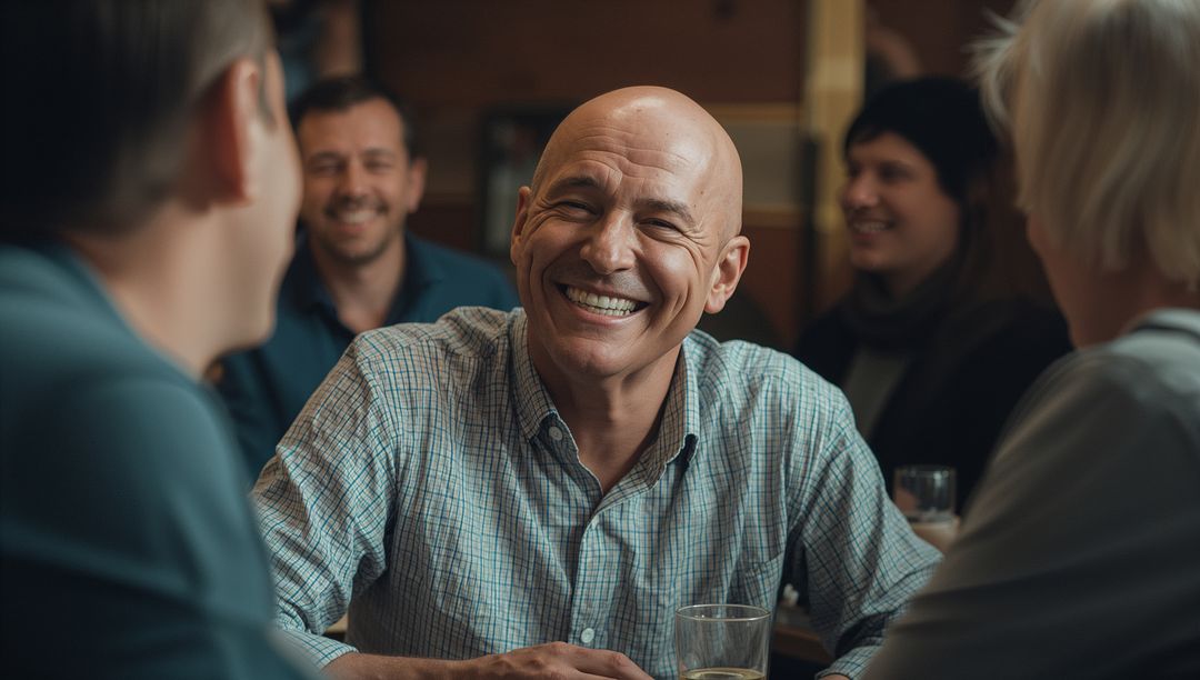 Men Socializing and Laughing in Friendly Bar Setting