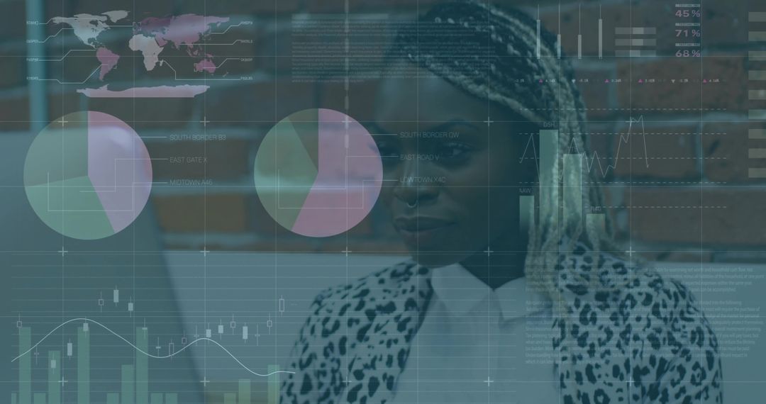 Businesswoman analyzing laptop data with analytics overlays wearing leopard-print blazer