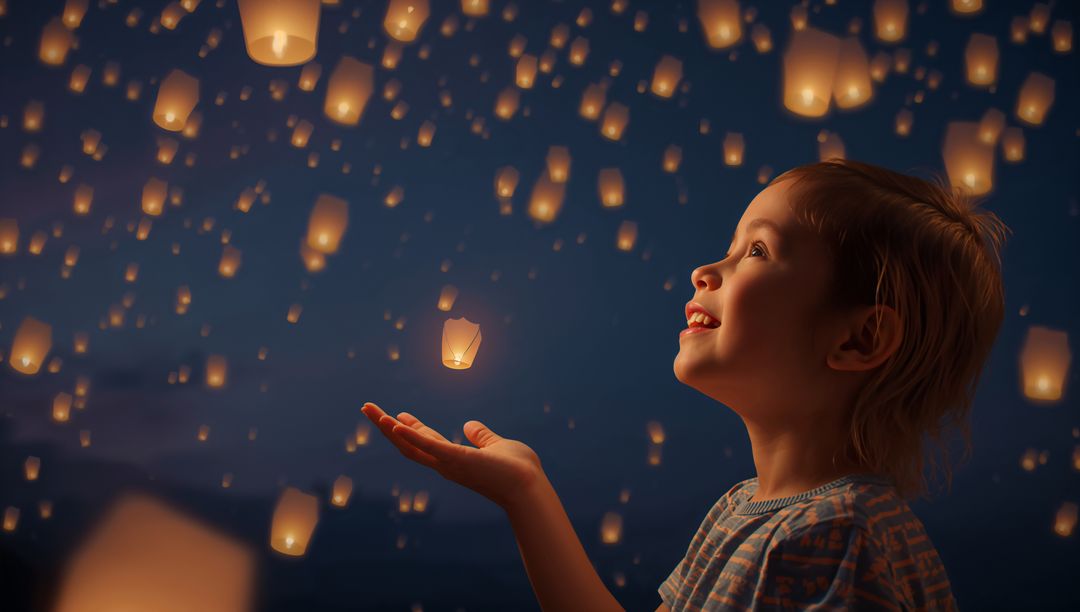 Smiling Child in Sky Lantern Festival, Enjoying Magical Glow