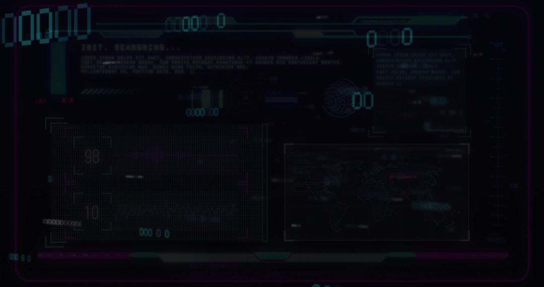 Futuristic HUD Interface with Neon Data Visualization and World Map