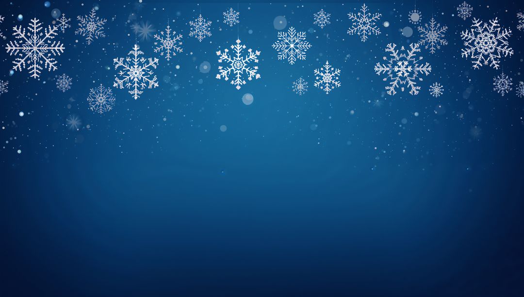 Blue Winter Background with Hanging White Snowflake Border, Bokeh Lights and Snowflakes