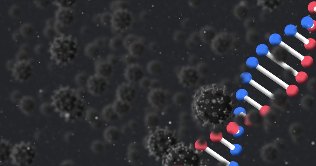 Virus Cells Interacting with DNA Helix on Dark Background