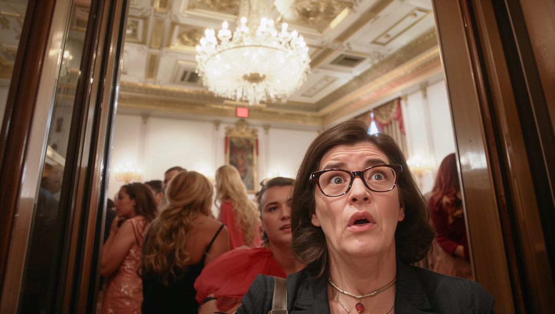 Gasping guest looking up at crystal chandelier in opulent ballroom during formal reception