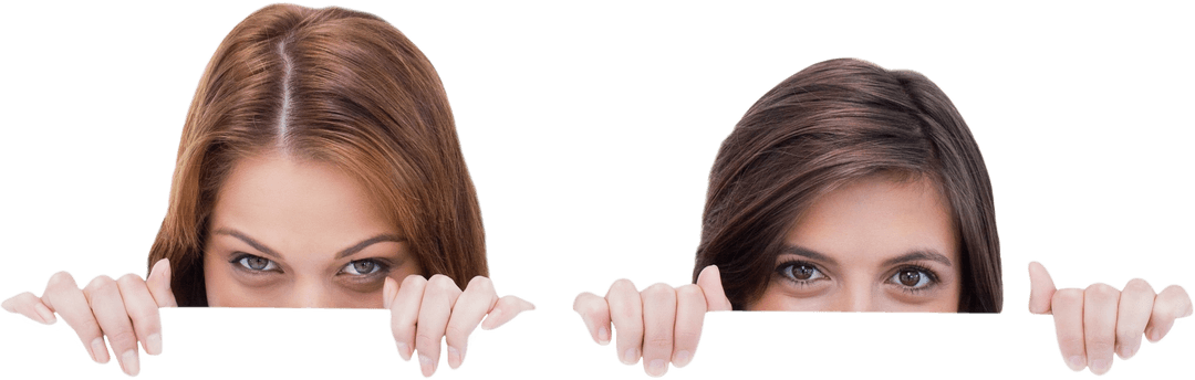 Two Caucasian Women Peeking Over Transparent Edge, Lifestyle Concept