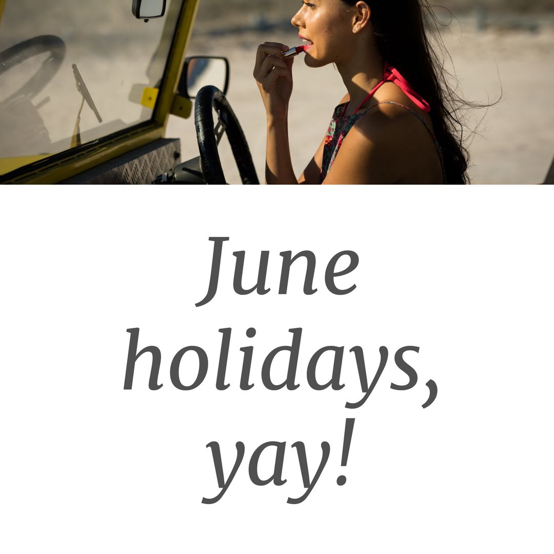 Woman Applying Lipstick in Convertible Car on Beach Day