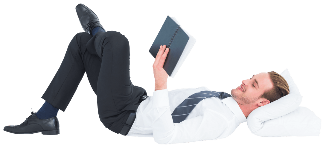 Transparent Background of Man Lying Down in Business Attire Reading