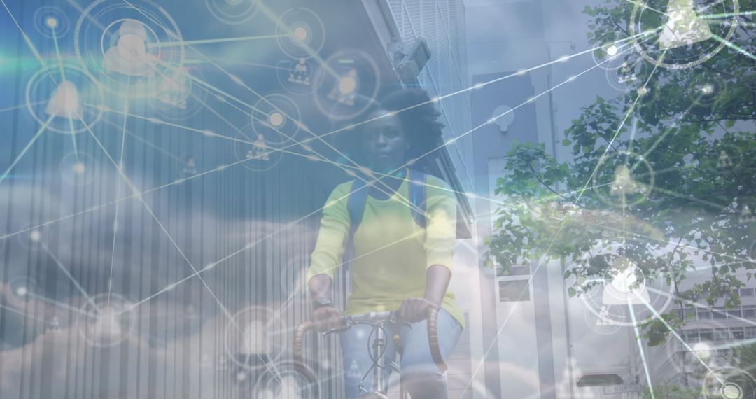 Woman Biking Through Urban Environment with Digital Networks