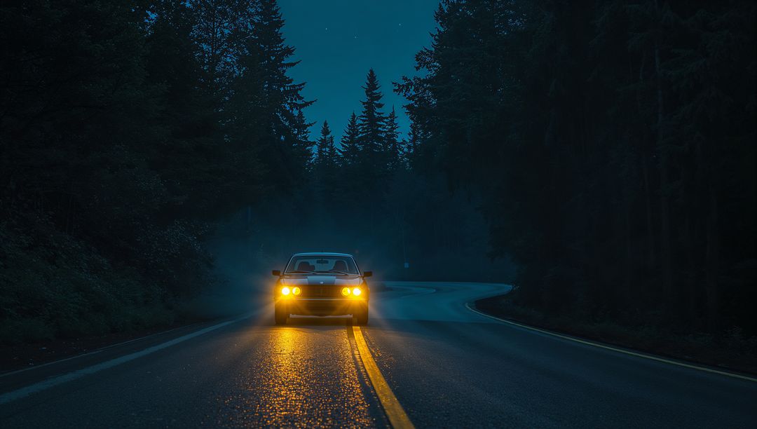 Driving Sedan Through Foggy Pine Forest at Night with Amber Headlights Reflecting on Wet Road