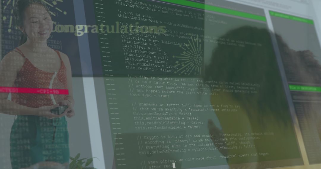 Coding Team Celebrating Build Success with Woman Holding Controller and Reflected Screens