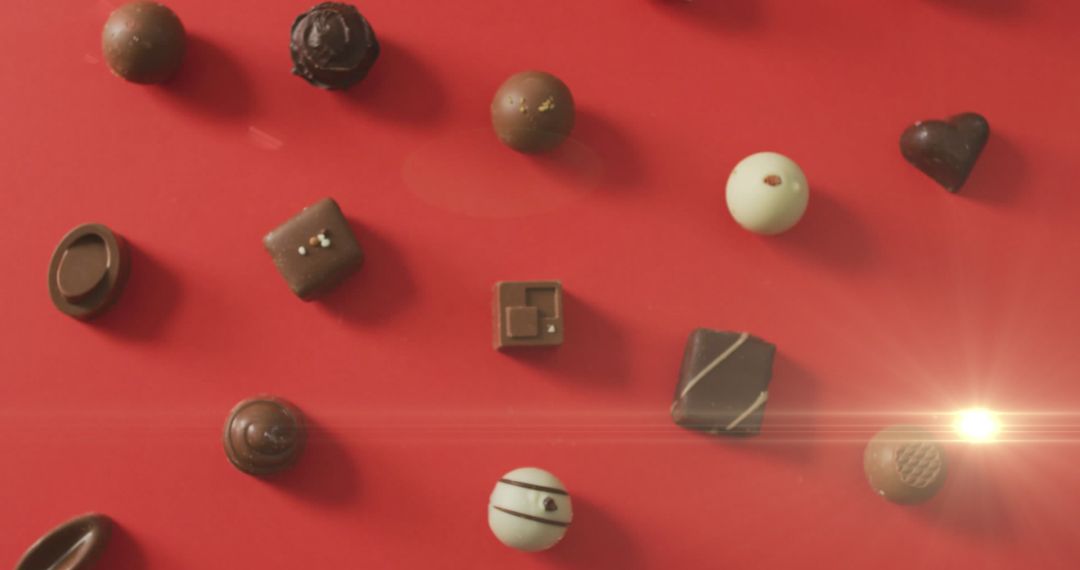Variety of Delicate Chocolate Pralines on Red Background