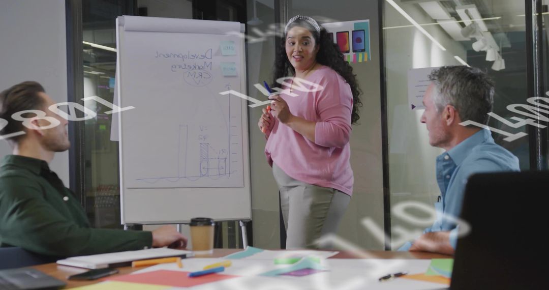 Team Meeting with Presenter Explaining Strategies at Flip Chart