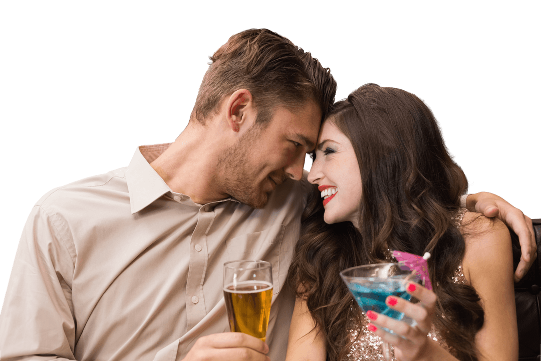 Romantic Caucasian Couple Enjoying Drinks on Transparent Background