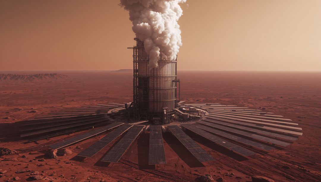 Mars geothermal power hub rising with radial solar array and towering steam plume