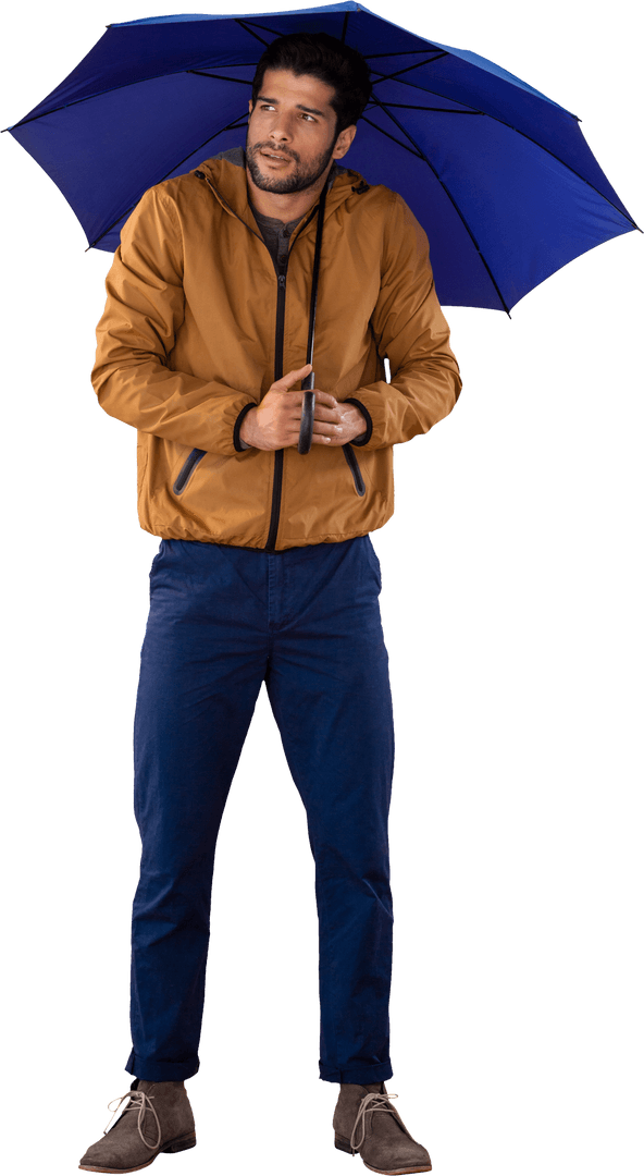 Man Standing with Blue Umbrella on Transparent Background