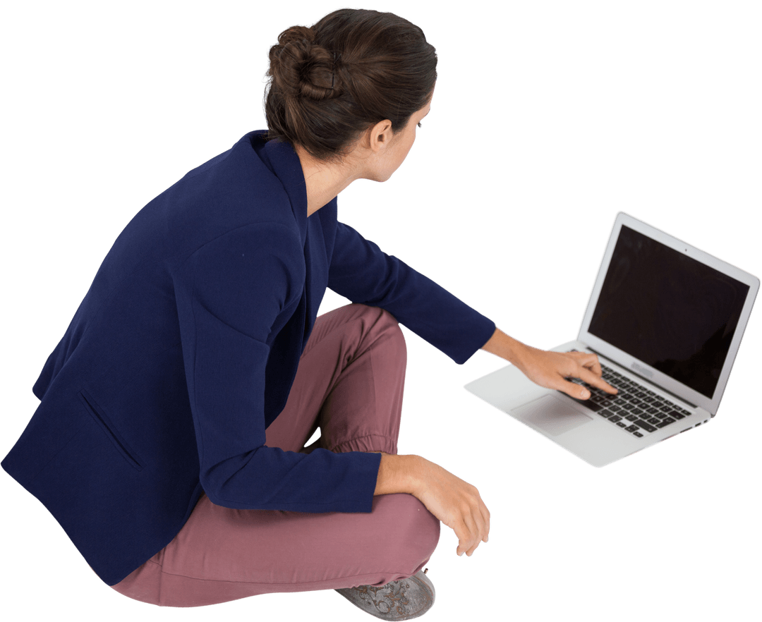 Transparent Businesswoman Using Laptop Sitting Cross-Legged