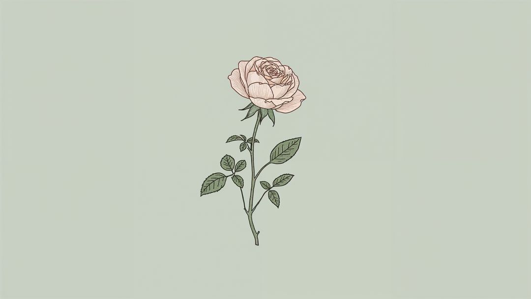 Minimalist botanical sketch of elegant rose drawing on sage