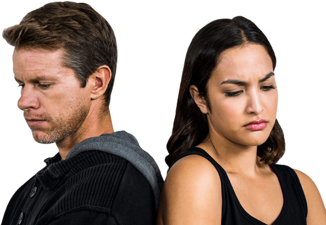 Transparent Couple Standing Back to Back Looking Distraught