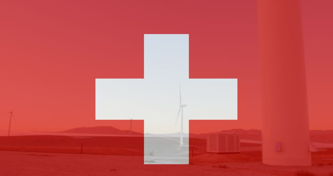 Swiss Flag Overlaid on Wind Turbines Symbolizing Green Energy