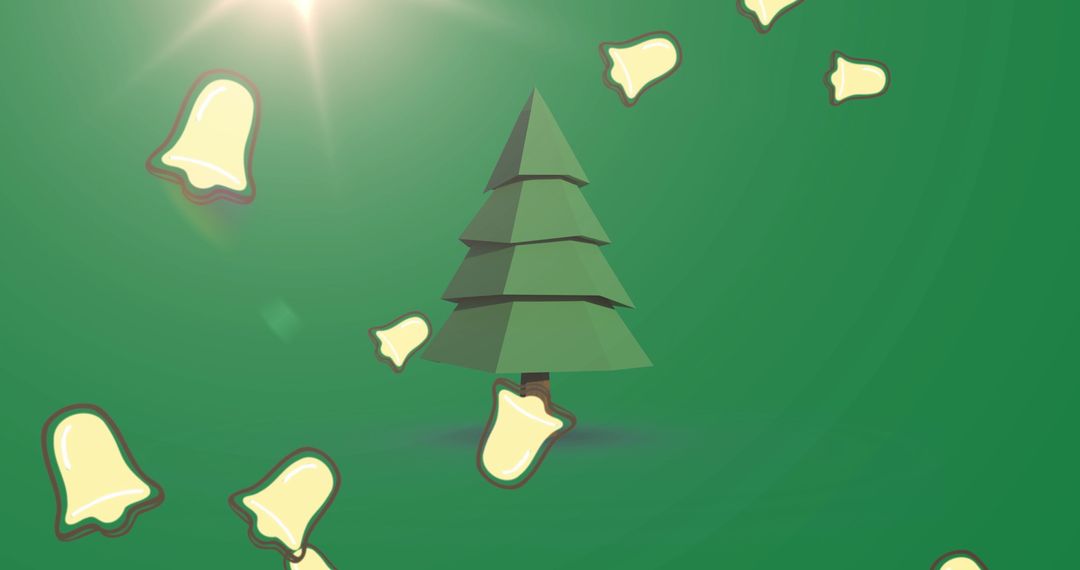 Digital Christmas Tree with Falling Bell Icons on Green Background