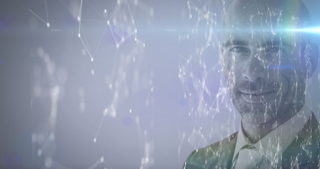 Digital Network Concept Overlaying Man's Face with Lens Flare