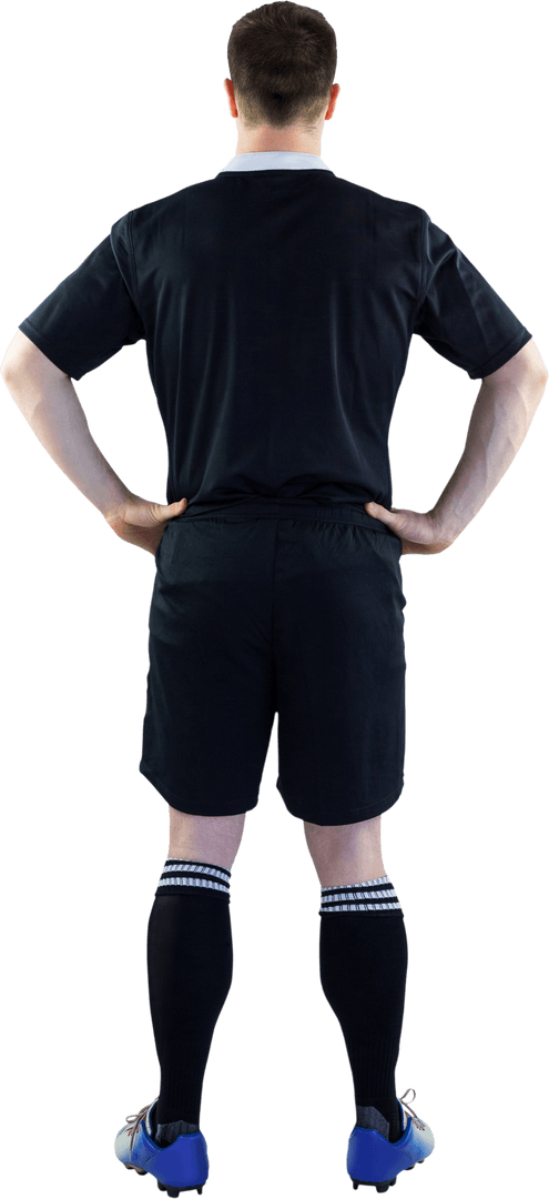 Transparent Background of Back View Rugby Player Holding Ball in Dark Uniform