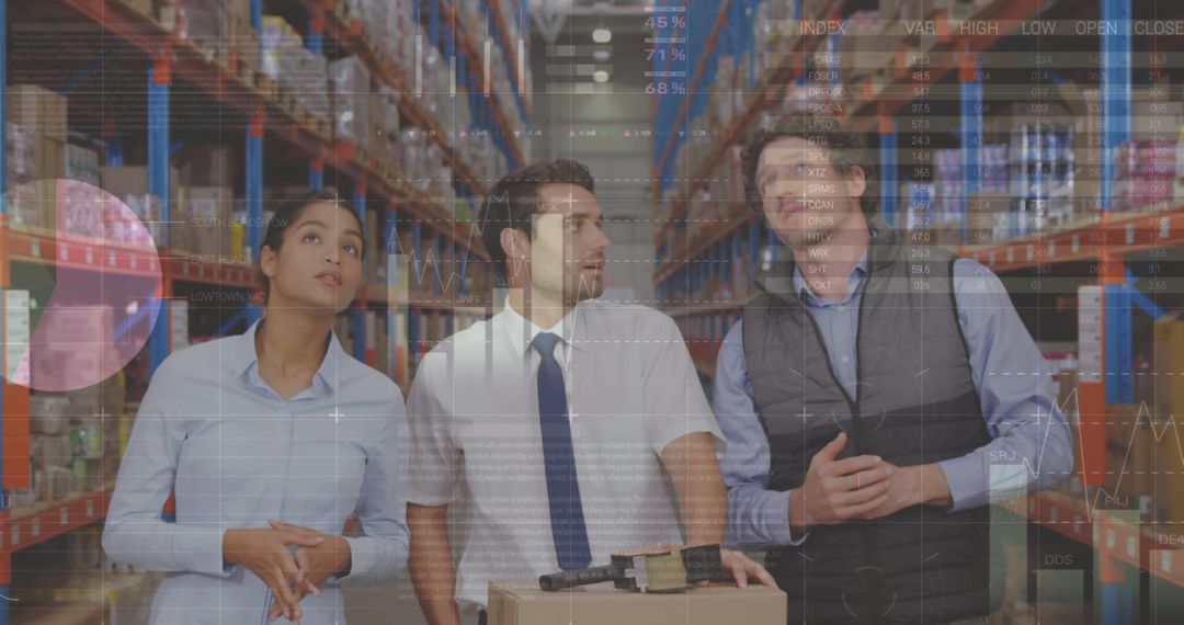 Innovative Warehousing Team Analyzing Digital Data Overlays Shipping Logistics