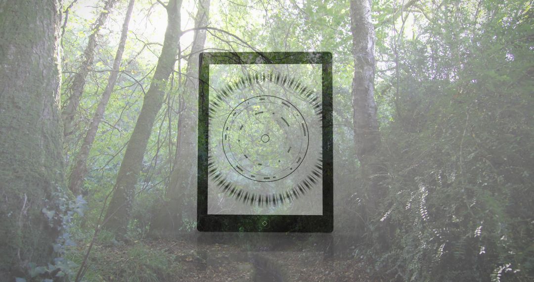 Tablet Overlay with Compass on Forest Pathway