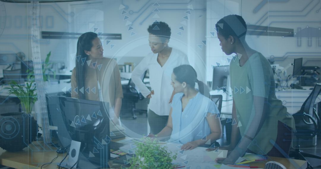 Diverse Team Collaborating in Modern Tech Office with Futuristic Data Overlay