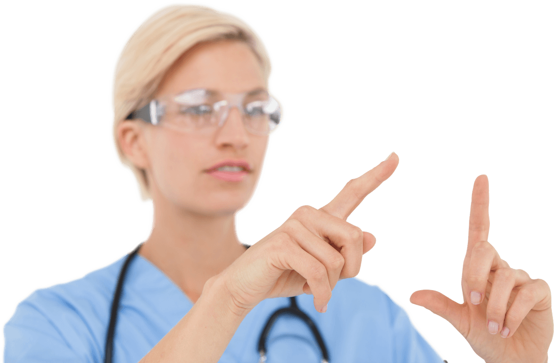 Blonde Health Professional Using Interactive Screen Transparent Background