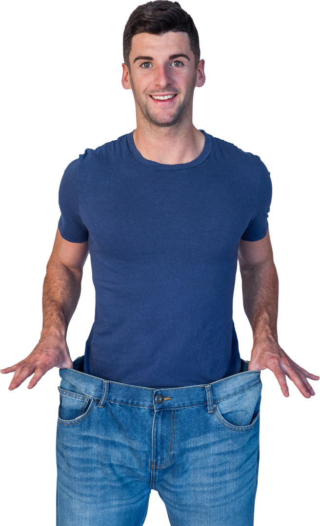 Man in Large Jeans Demonstrating Weight Loss Success on Transparent Background - Download Free Stock Images Pikwizard.com