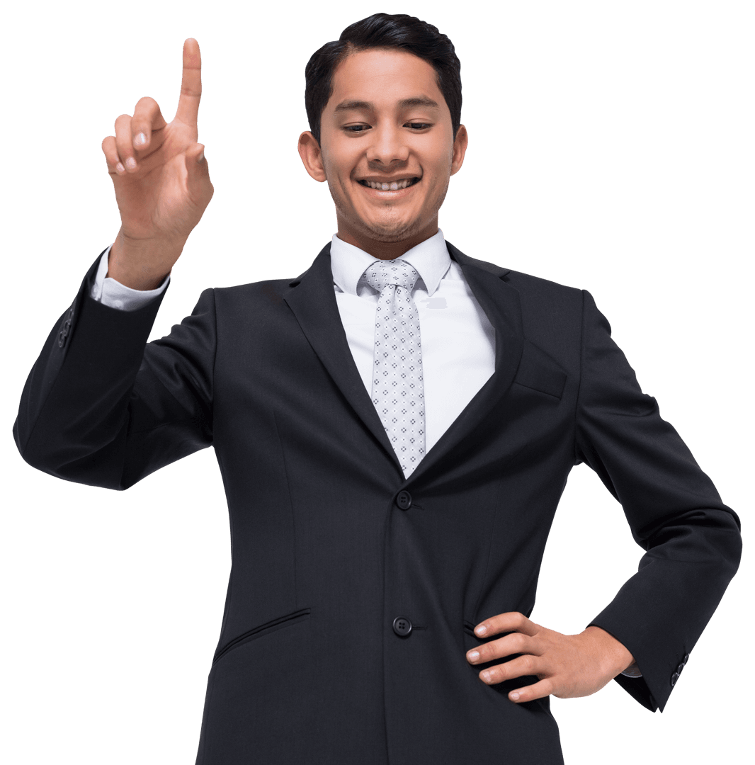 Smiling biracial businessman pointing at virtual interface transparent background