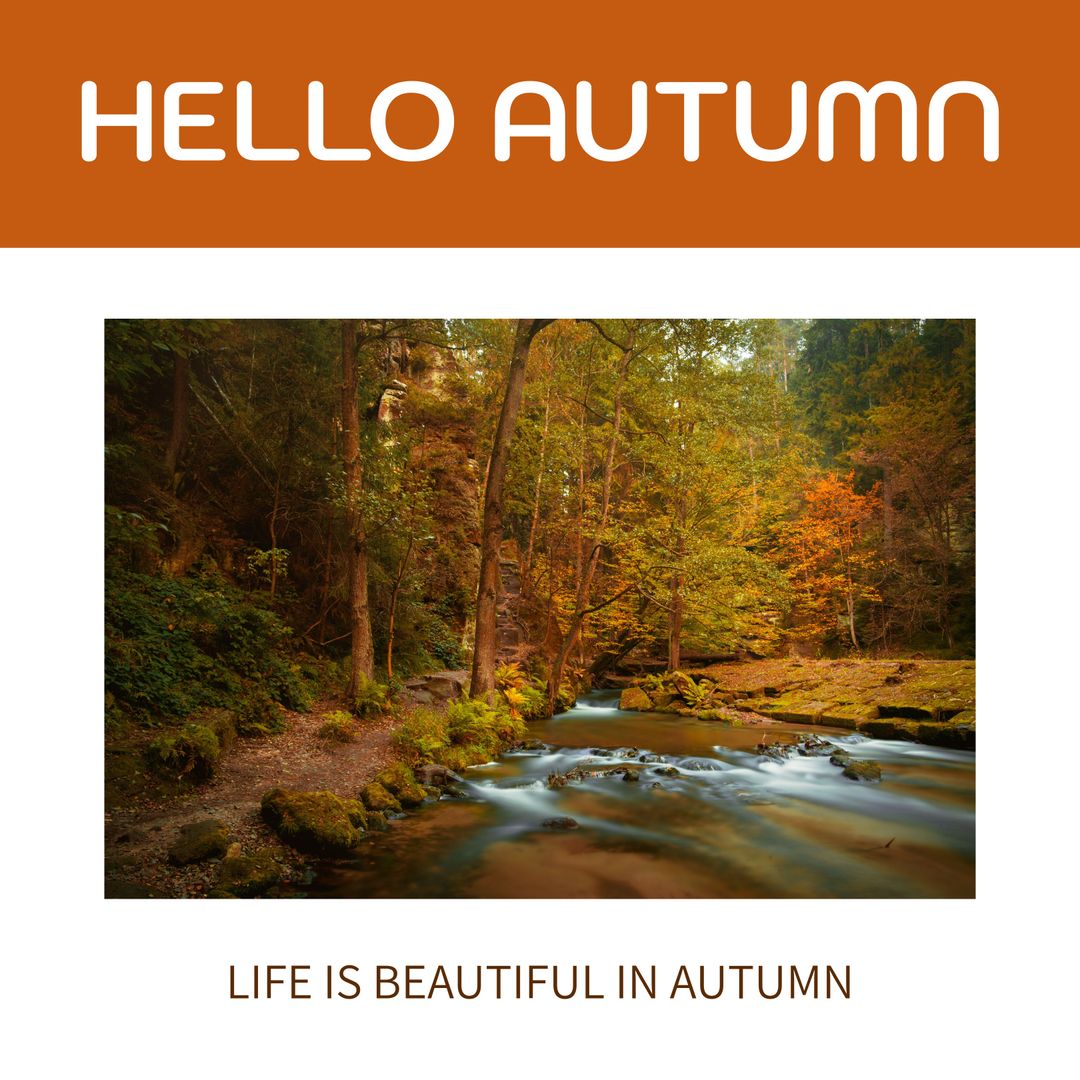 Scenic Autumn Stream with Colorful Foliage and Text Overlay