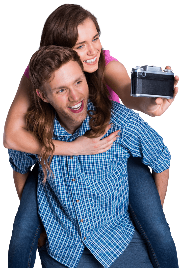 Transparent Background Cheerful Couple Piggyback Selfie